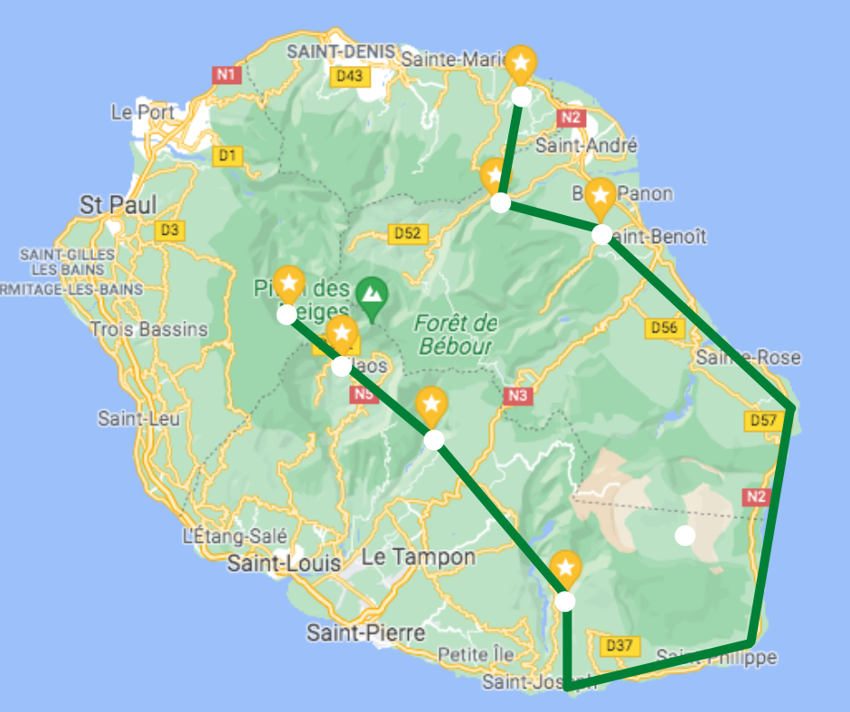 Cartes et itinéraire des cascades de la Réunion) 